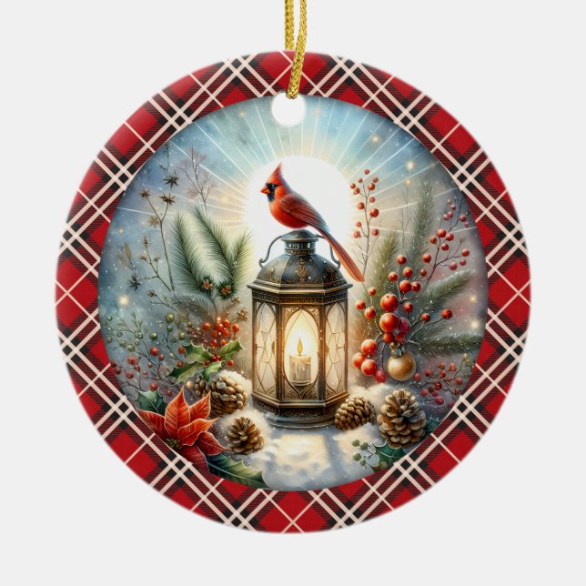 Christmas Cardinal Remember Loved one Lantern Ceramic Ornament (Front)