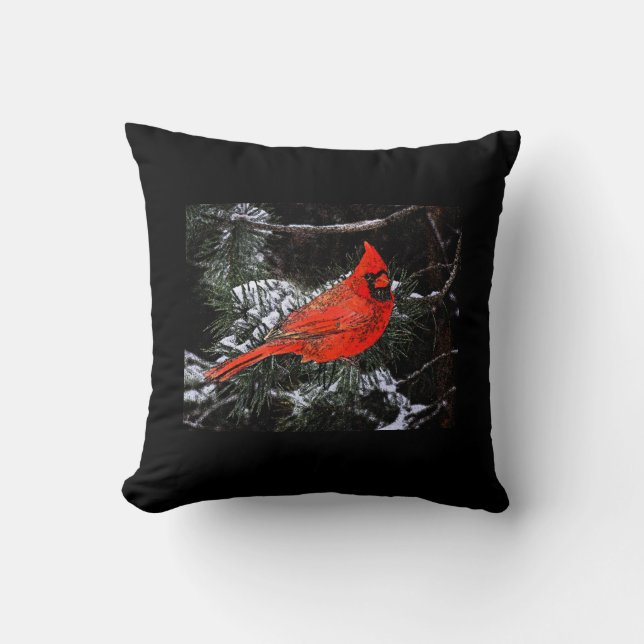 Christmas Cardinal Reversible (Black) Throw Pillow (Front)