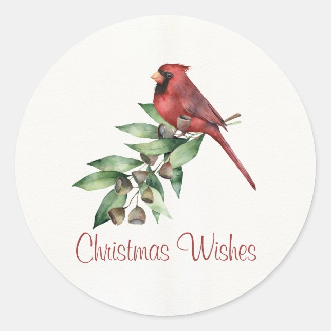 Christmas Cardinal with Greenery Classic Round Sticker (Front)