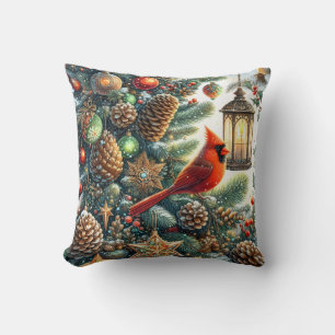 Christmas Cardinal with Pinecones and Lanterns Throw Pillow