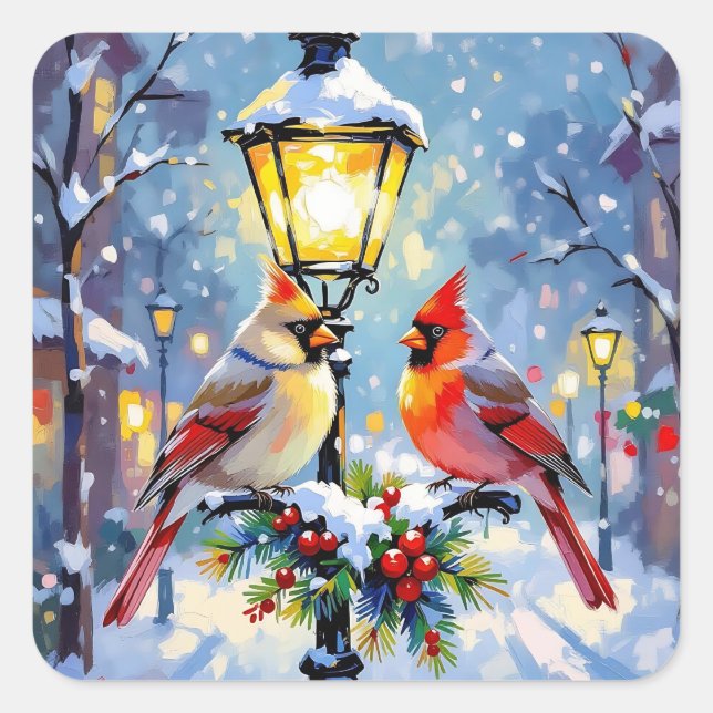 Christmas Cardinals and Snowy Lamppost Square Sticker (Front)