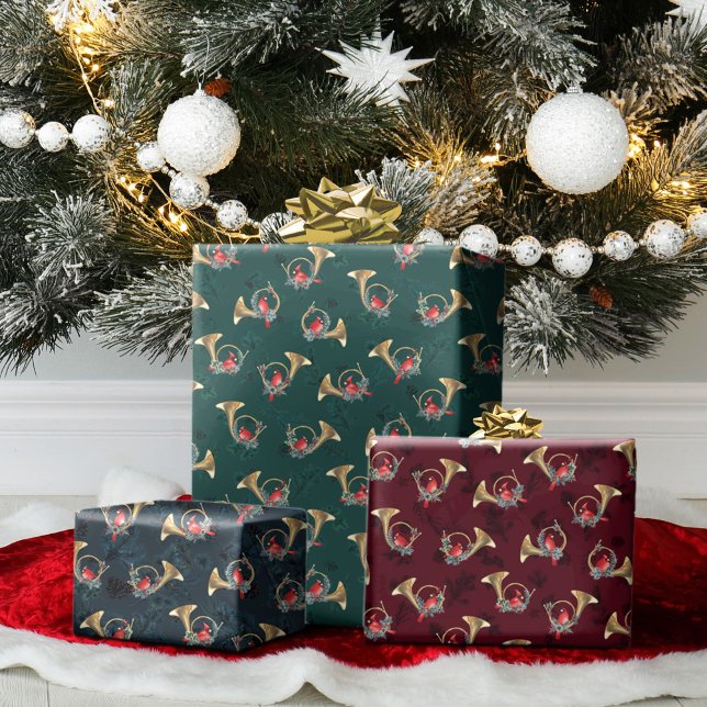 Christmas Cardinals in Gold Horns with Pine Sprigs Wrapping Paper Sheet (Creator Uploaded)