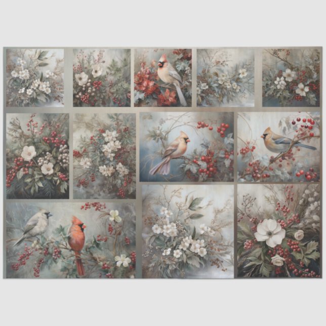 Christmas Cardinals & Winter Florals for Decoupage Tissue Paper (Front)