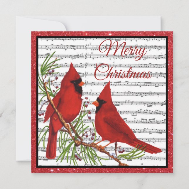 Christmas cardinals with glitter frame holiday card (Front)
