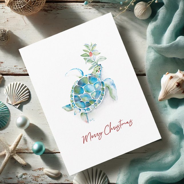 Christmas Cards Coastal Watercolor Sea Turtle (Beach Christmas cards watercolor sea turtle art by Victoria Grigaliunas Do Tell A Belle)
