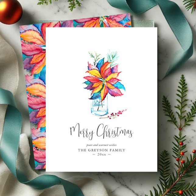 Christmas Cards Colourful Watercolor Poinsettia (Christmas cards watercolor poinsettia art by Victoria Grigaliunas of Do Tell A Belle)