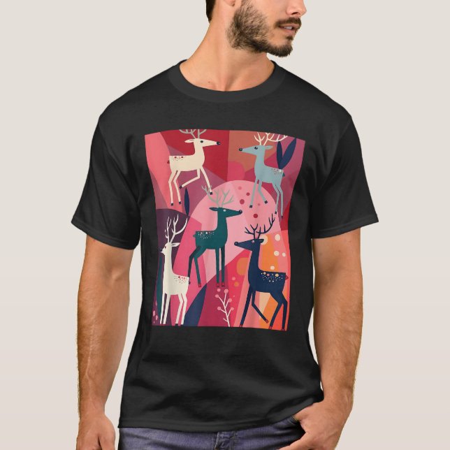 Christmas Caribou Pink Kitsch Retro Modern Design  T-Shirt (Front)