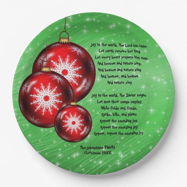 Christmas Carol Lyrics Joy To The World  - 9" Paper Plate (Front)