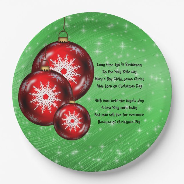 Christmas Carol Lyrics Long Time Ago 9" Paper Plate (Front)