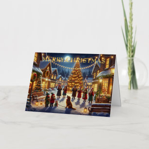 Christmas Carolers Around Glowing Tree Foil Holiday Card