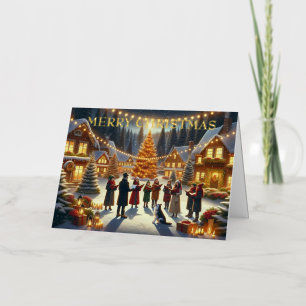 Christmas Carolers Around Tree with Candles & Dog Foil Holiday Card