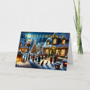 Christmas Carolers Outside Decorated Village Foil Holiday Card