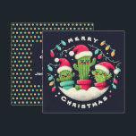 Christmas Carolers Potted Santa Cactus Plants Holiday Card<br><div class="desc">Personalizable funny cartoon illustration of potted cactus plants Wearing Santa hats surrounded my circular snow,  caroling. String lights hang overhead.</div>