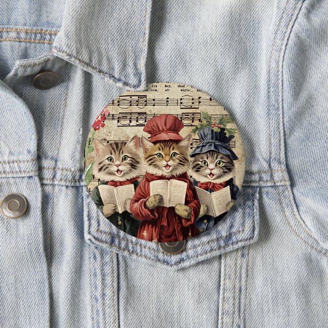 Christmas Caroling Cats 4 Inch Round Button (In Situ)