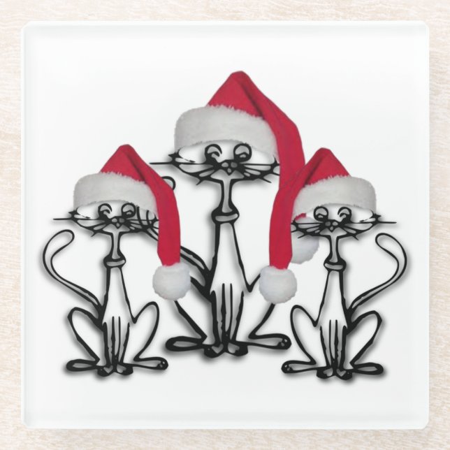 Christmas Caroling Cats Joyous Fun Glass Coaster (Front)