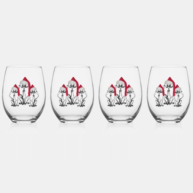 Christmas Caroling Cats Joyous Fun Stemless Wine Glass (Front)