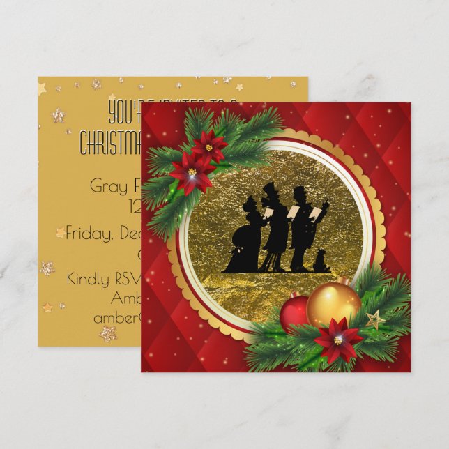 Christmas Caroling Party Red Gold Victorian Theme Invitation (Front/Back)