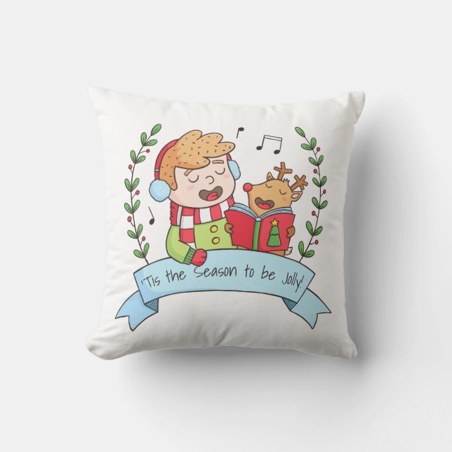 Christmas Carols Boy and Reindeer Throw Pillow (Front)