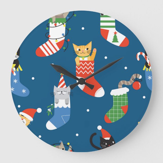 Christmas Cartoon Cats Cute Pattern Large Clock (Front)