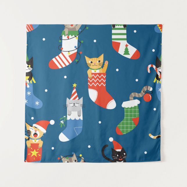 Christmas Cartoon Cats Cute Pattern Tapestry (Front)