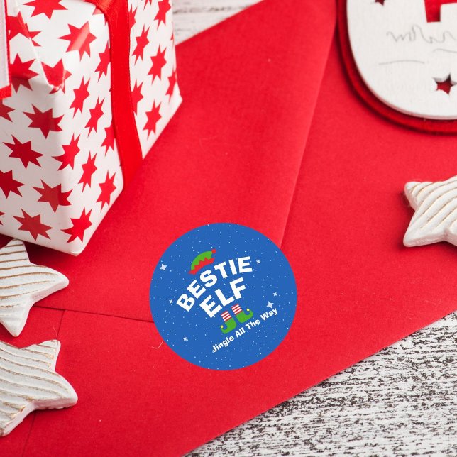 Christmas Cartoon Elf Custom Name and Phrase Classic Round Sticker (Personalize to make it your own. Design is available in additional sizes and products.)