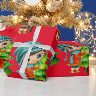 Christmas Cartoon Girl with Tree Wrapping Paper