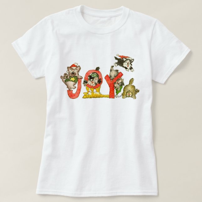 Christmas Cartoon Kitten Cats JOY Shirt (Design Front)