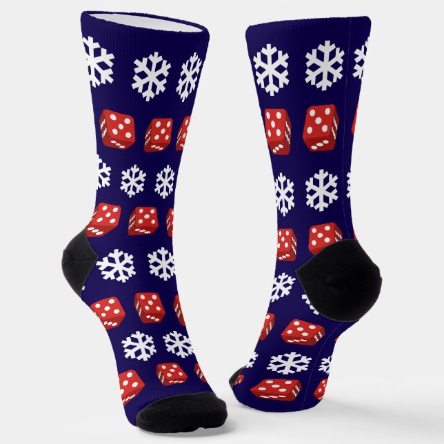 Christmas Casino Red Dice and Snowflakes Fun Socks (Angled)