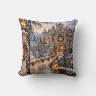 Christmas Castle Winter Scene Throw Pillow