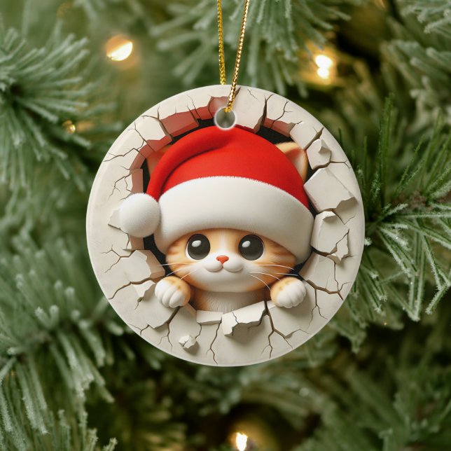 Christmas Cat 3D Effect NOT Actual 3D Ceramic Ornament (Tree)