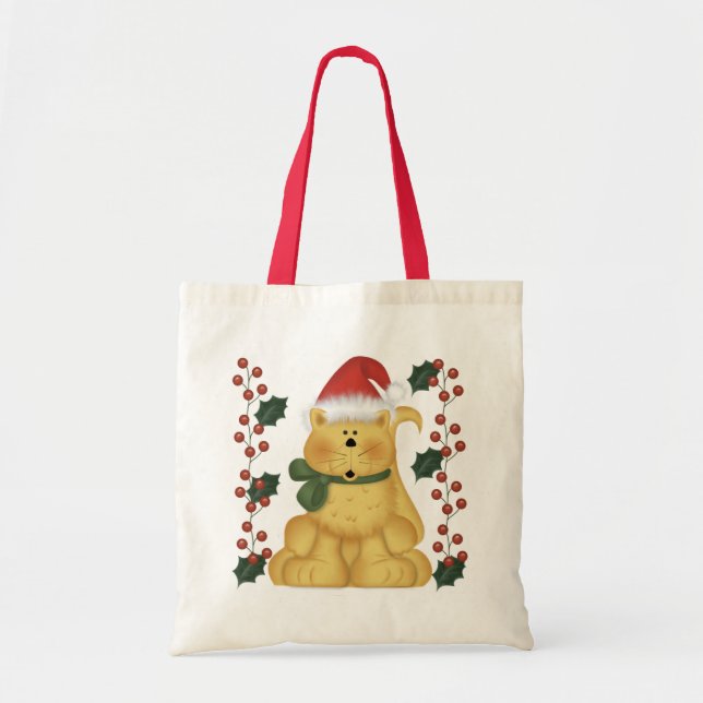 Christmas Cat And Holly Christmas Tote Bag (Front)