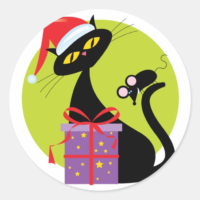 Christmas Cat and Mouse Classic Round Sticker (Front)