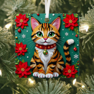 Christmas Cat and Poinsettias Festive Christmas Metal Ornament
