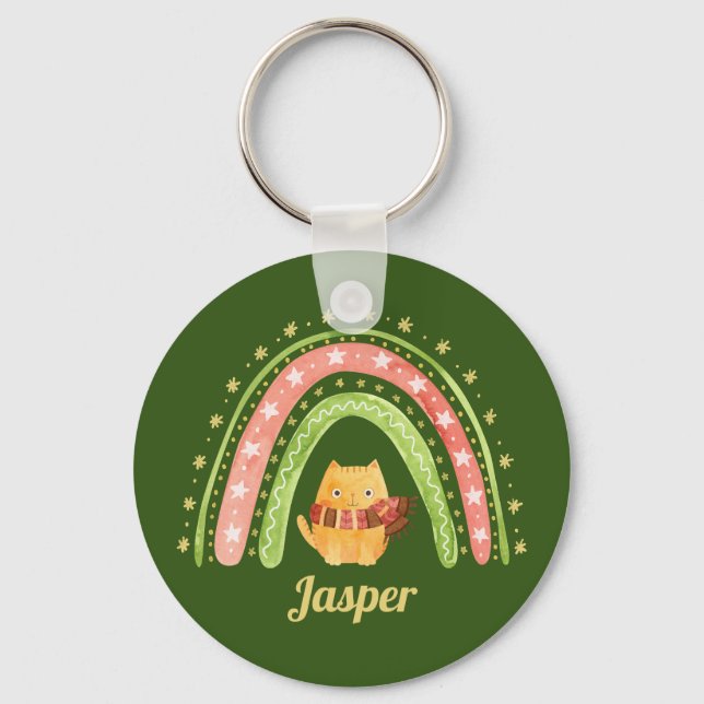 Christmas Cat And Rainbow Personalized Keychain (Front)
