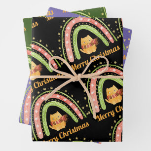 Christmas Cat And Rainbow Wrapping Paper Sheets