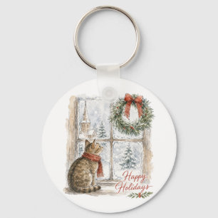 Christmas Cat at Window with Wreath Keychain