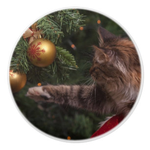 Christmas Cat Ceramic Knob