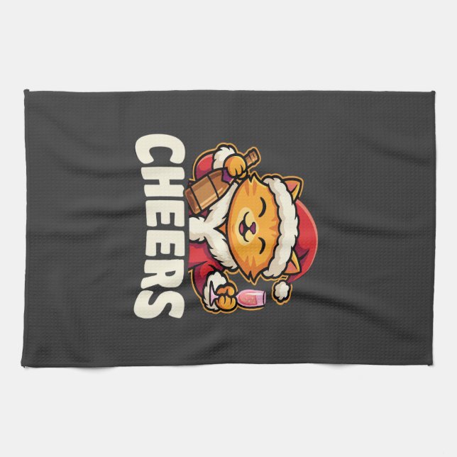Christmas Cat Cheers Holiday Drinking Kitchen Towel (Horizontal)