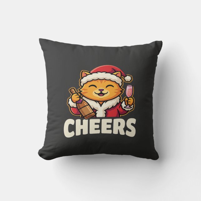 Christmas Cat Cheers Holiday Drinking Throw Pillow (Front)