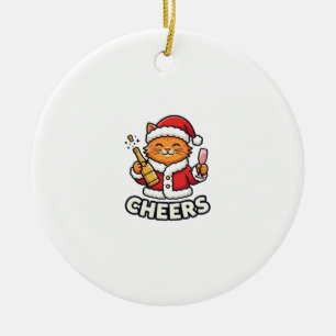 Christmas Cat Cheers Vector Design Ceramic Ornament