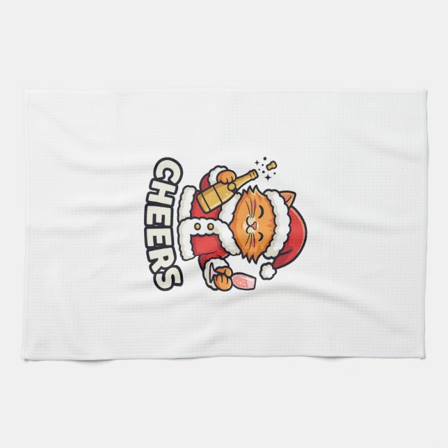 Christmas Cat Cheers Vector Design Kitchen Towel (Horizontal)
