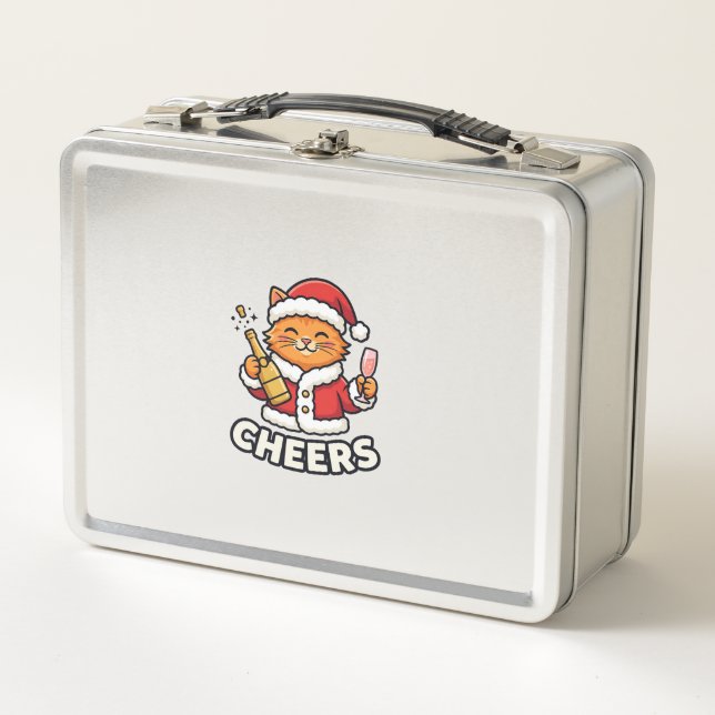Christmas Cat Cheers Vector Design Metal Lunch Box (Front)