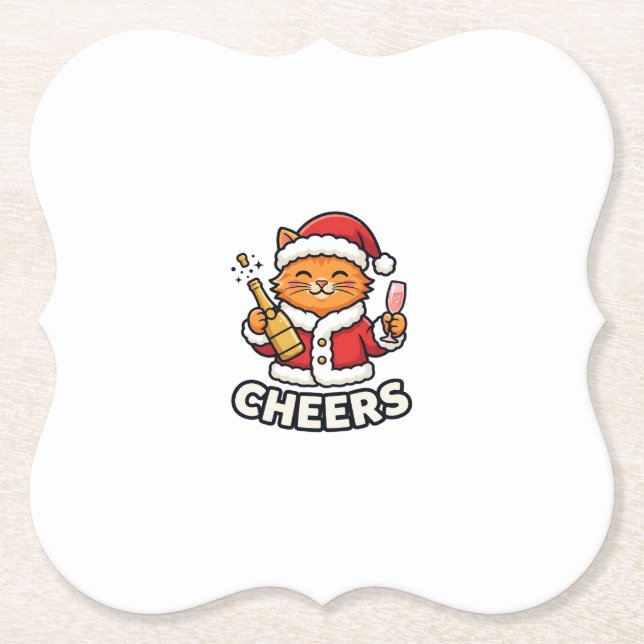 Christmas Cat Cheers Vector Design Paper Coaster (Front)