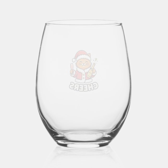 Christmas Cat Cheers Vector Design Stemless Wine Glass (Front)