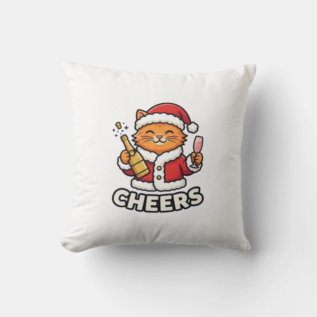 Christmas Cat Cheers Vector Design Throw Pillow (Front)