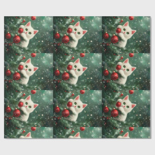 Christmas Cat Climbing Xmas Tree Wrapping Paper