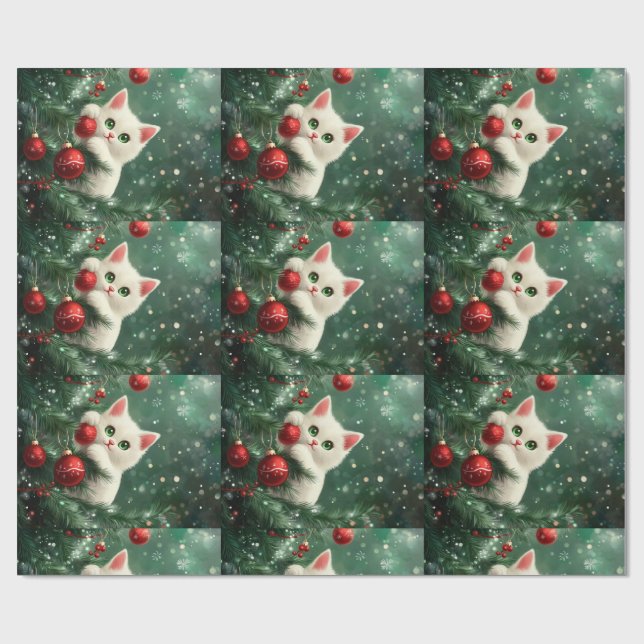 Christmas Cat Climbing Xmas Tree Wrapping Paper (Flat)