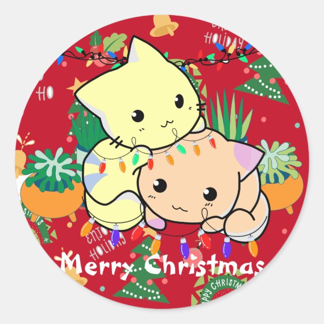 christmas cat cute, customize personalized text  classic round sticker (Front)