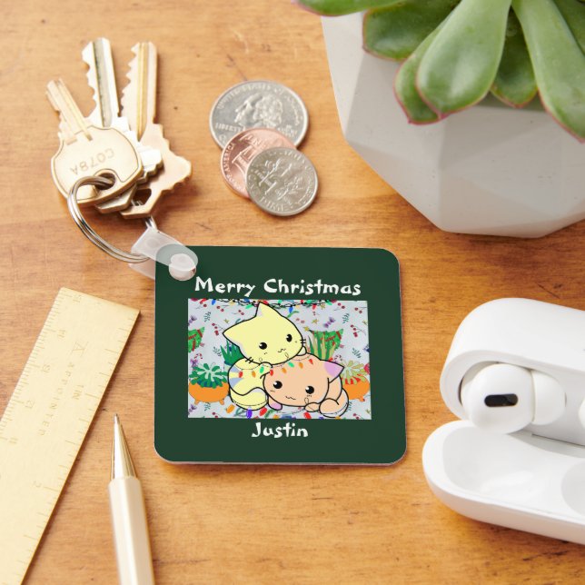 christmas cat cute, customize personalized text  keychain (Desk)