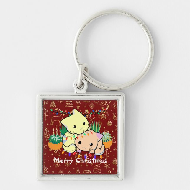 christmas cat cute, customize personalized text   keychain (Front)